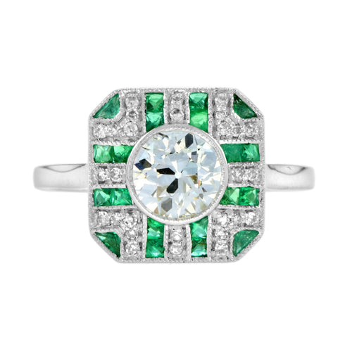 GIA Round Diamond & Green Emerald Art Deco Style Engagement 18K White Gold Ring
