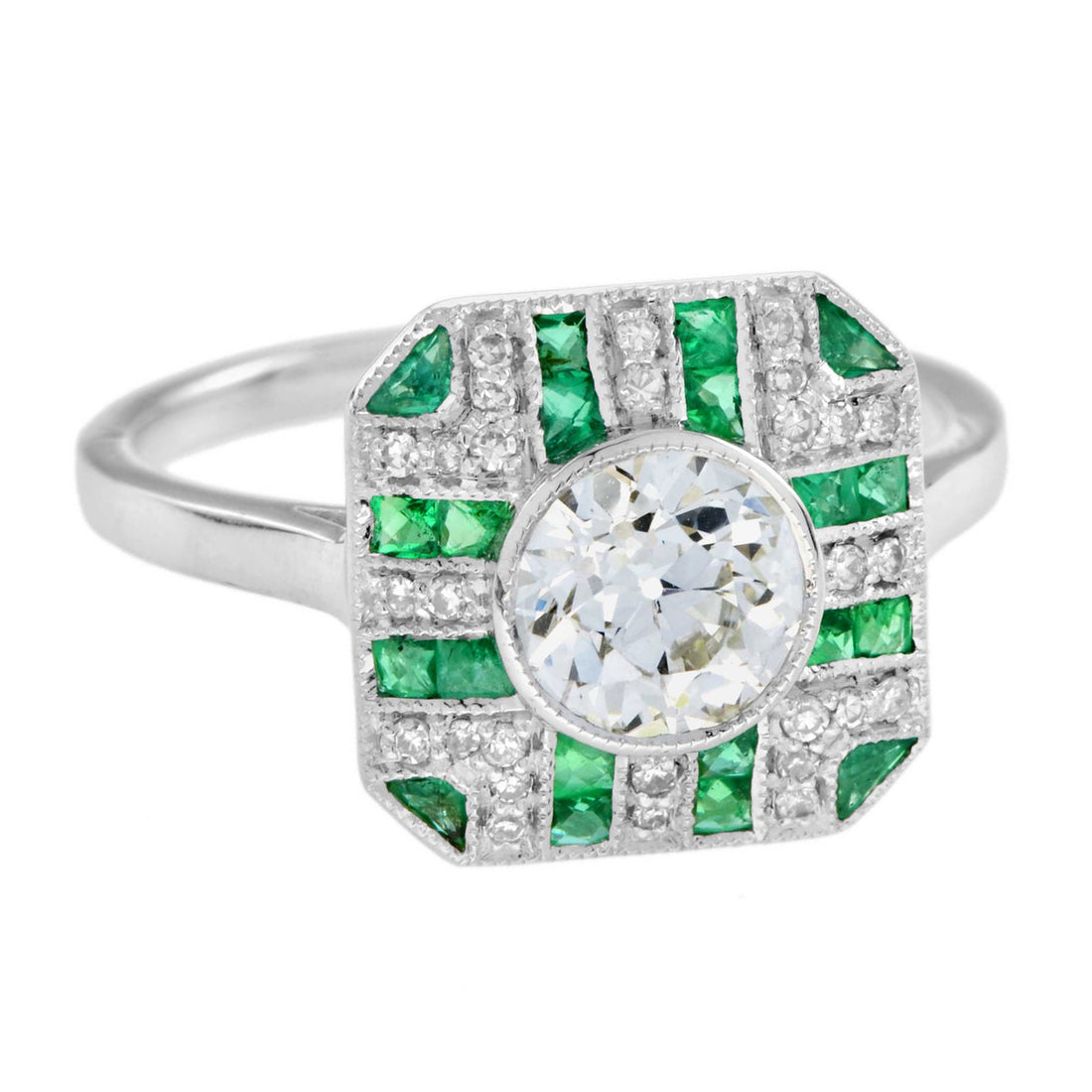 GIA Round Diamond & Green Emerald Art Deco Style Engagement 18K White Gold Ring