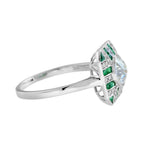 GIA Round Diamond & Green Emerald Art Deco Style Engagement 18K White Gold Ring