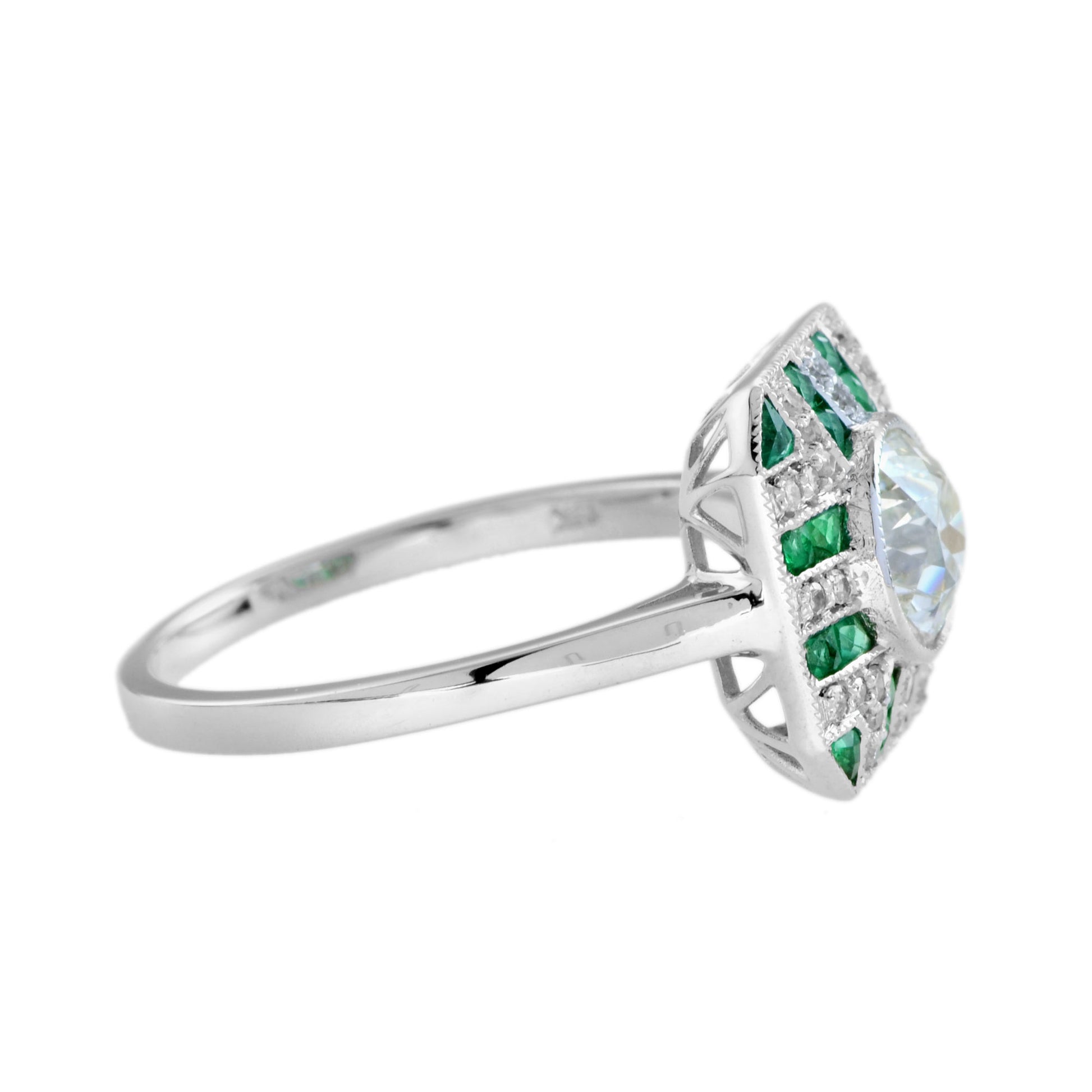 GIA Round Diamond & Green Emerald Art Deco Style Engagement 18K White Gold Ring