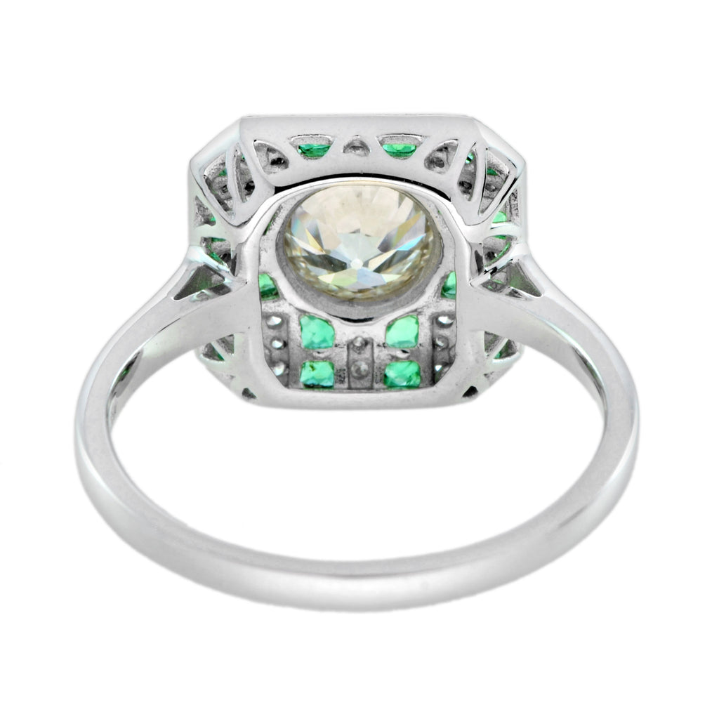 GIA Round Diamond & Green Emerald Art Deco Style Engagement 18K White Gold Ring