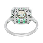 GIA Round Diamond & Green Emerald Art Deco Style Engagement 18K White Gold Ring