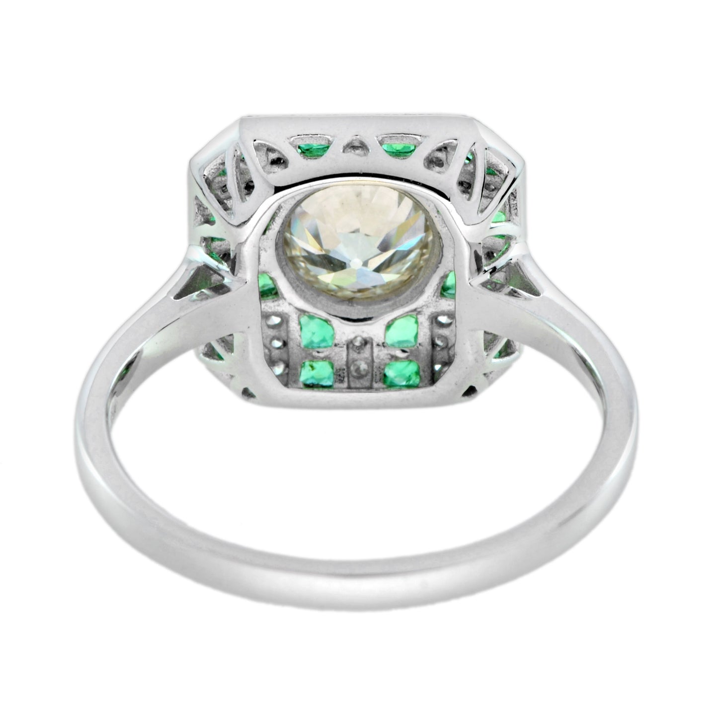 gia round diamond & green emerald art deco style engagement 18k white gold ring