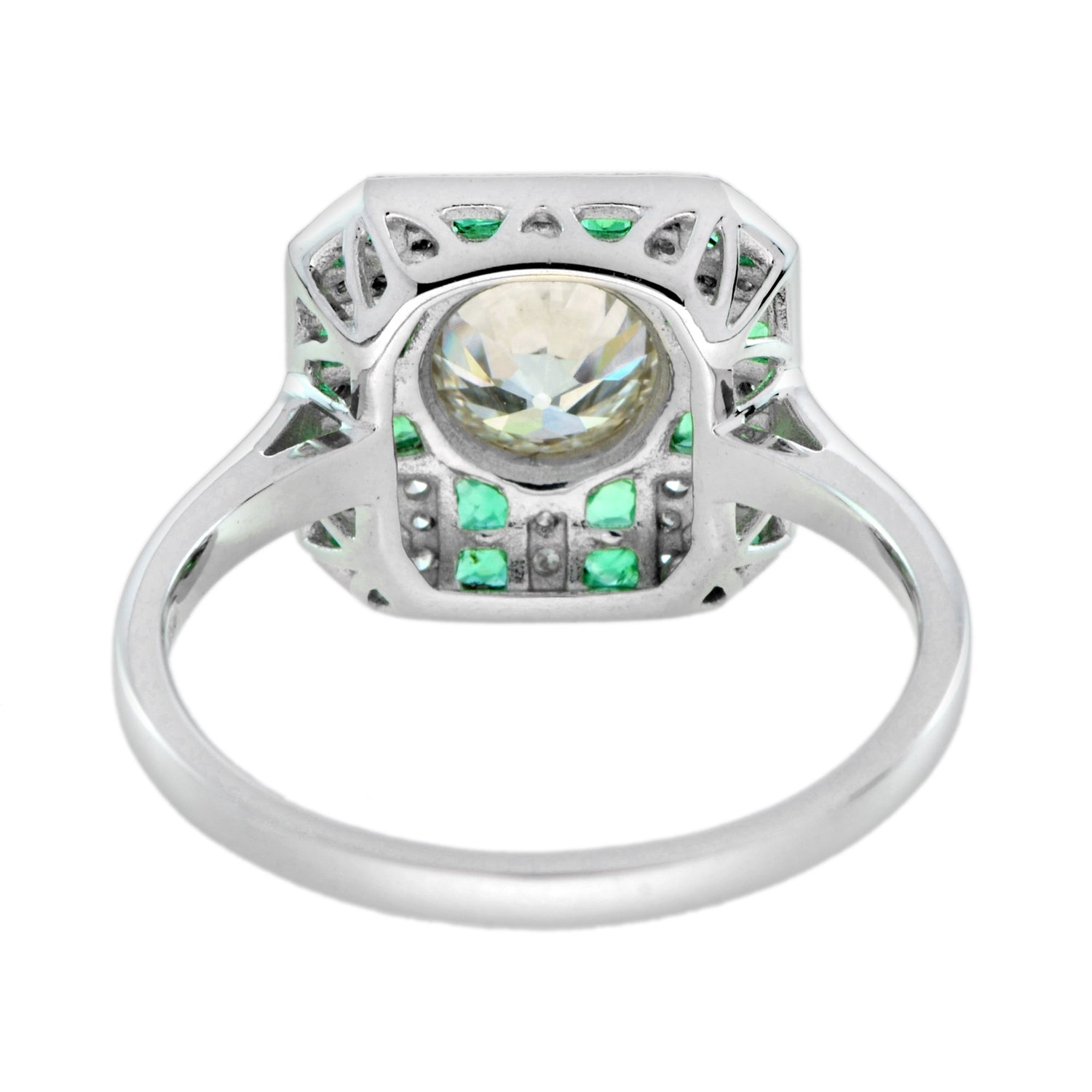 GIA Round Diamond &amp; Green Emerald Art Deco Style Engagement 18K White Gold Ring