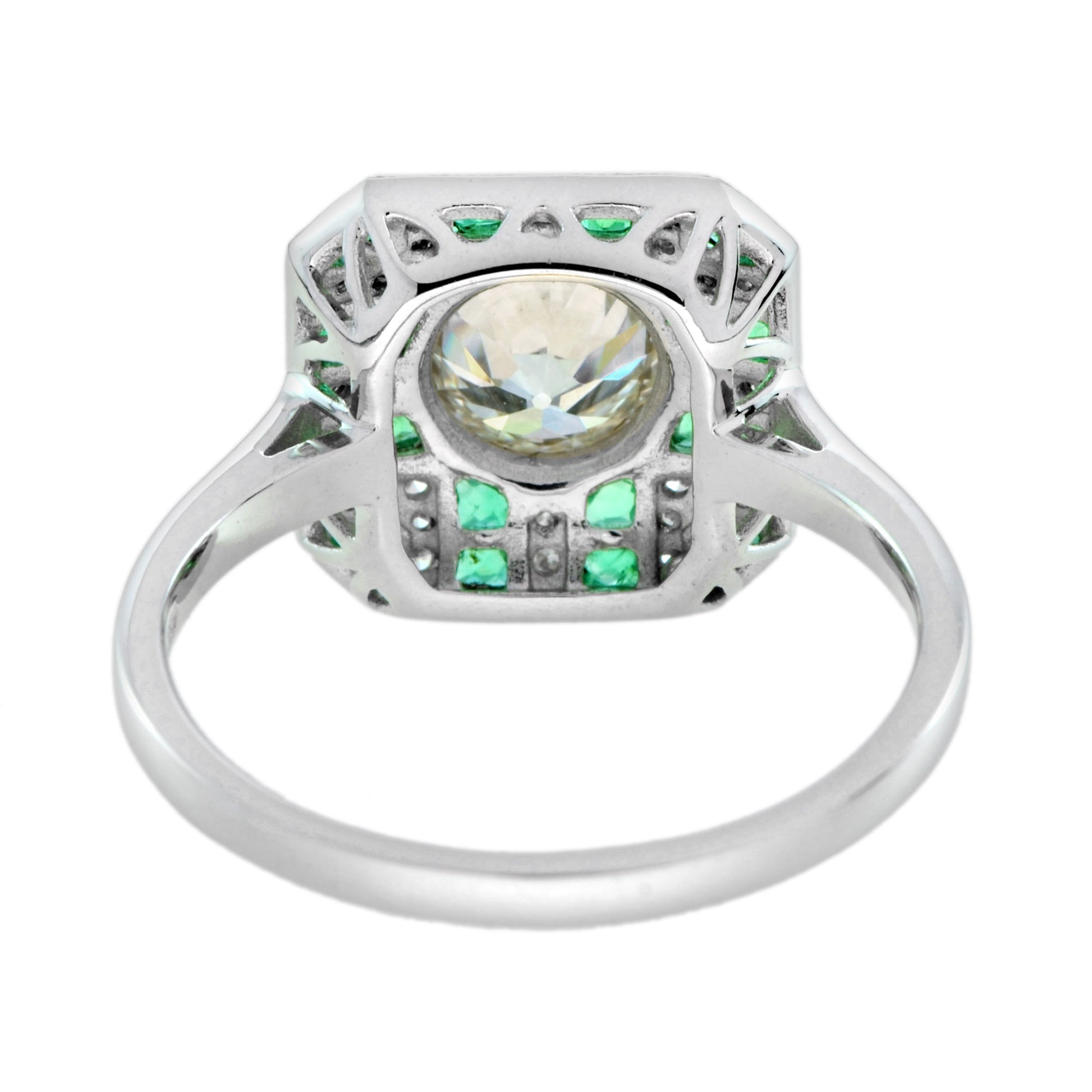 GIA Round Diamond & Green Emerald Art Deco Style Engagement 18K White Gold Ring