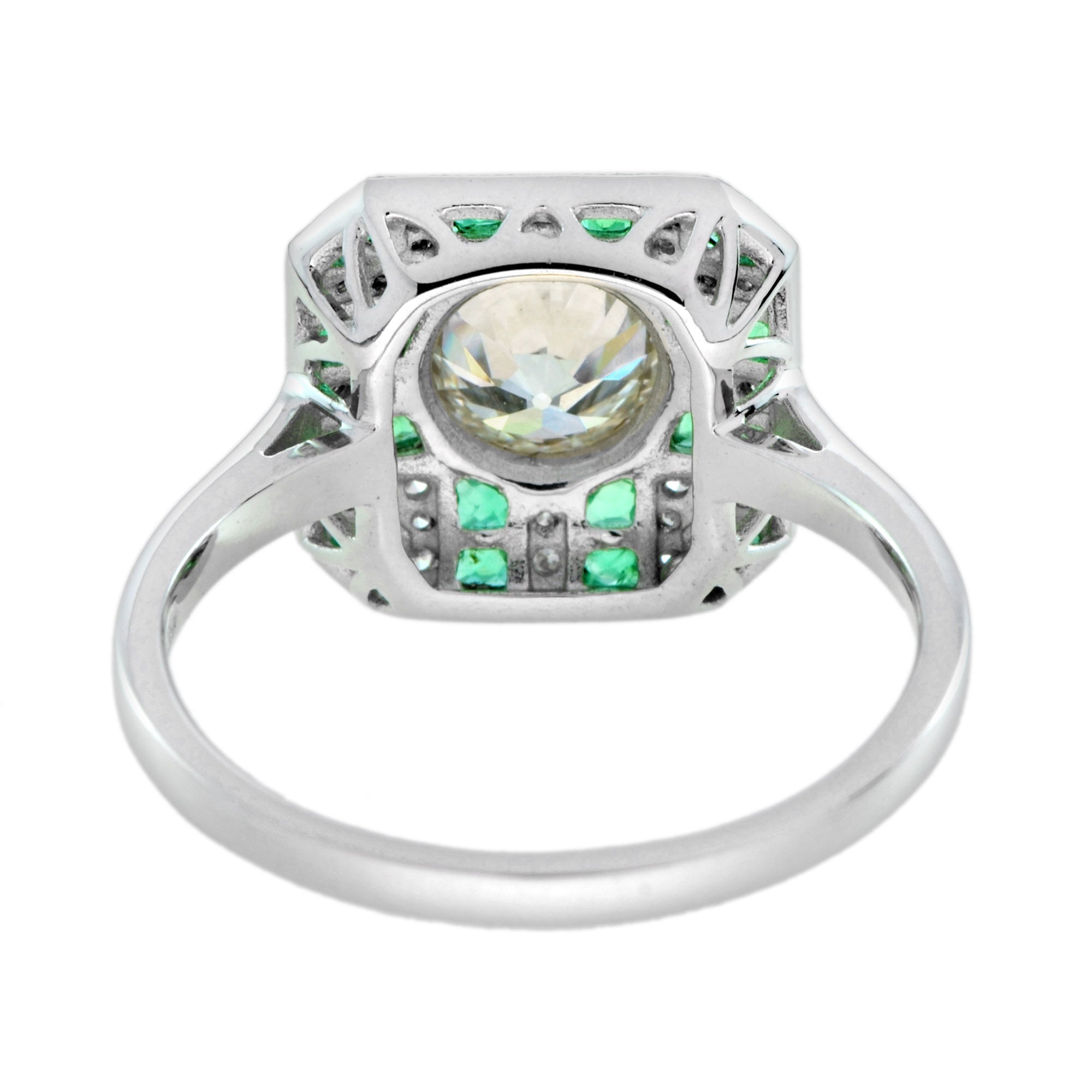 GIA Round Diamond &amp; Green Emerald Art Deco Style Engagement 18K White Gold Ring