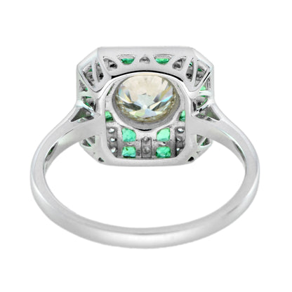 GIA Round Diamond & Green Emerald Art Deco Style Engagement 18K White Gold Ring