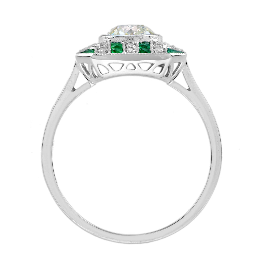 GIA Round Diamond & Green Emerald Art Deco Style Engagement 18K White Gold Ring
