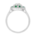 GIA Round Diamond & Green Emerald Art Deco Style Engagement 18K White Gold Ring
