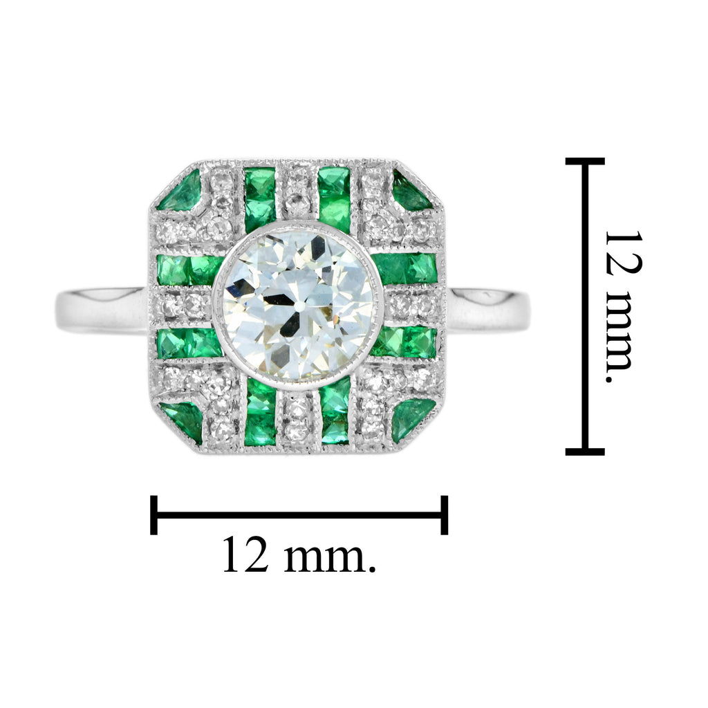 GIA Round Diamond & Green Emerald Art Deco Style Engagement 18K White Gold Ring