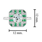 GIA Round Diamond & Green Emerald Art Deco Style Engagement 18K White Gold Ring