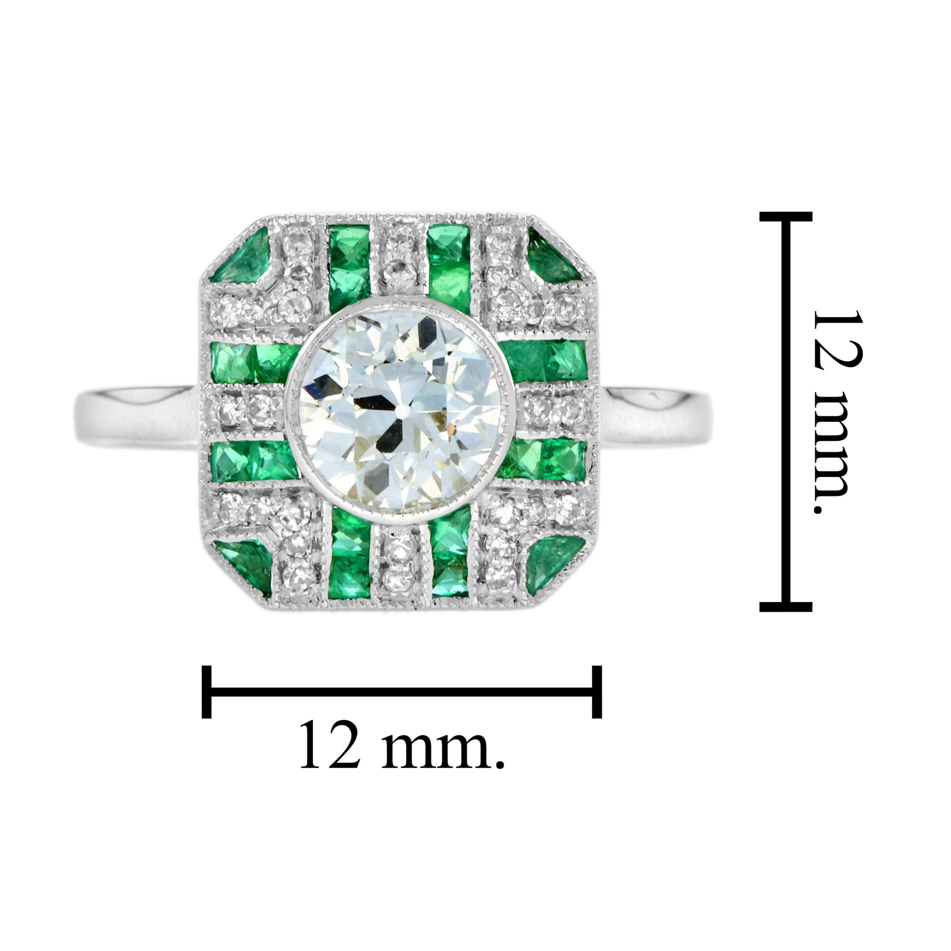 GIA Round Diamond & Green Emerald Art Deco Style Engagement 18K White Gold Ring
