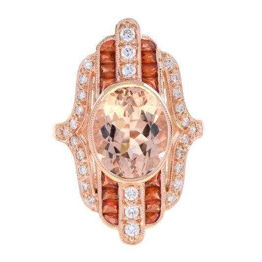 Oval Shape Morganite & Orange Sapphire Diamond Art Deco Style 14K Rose Gold Ring