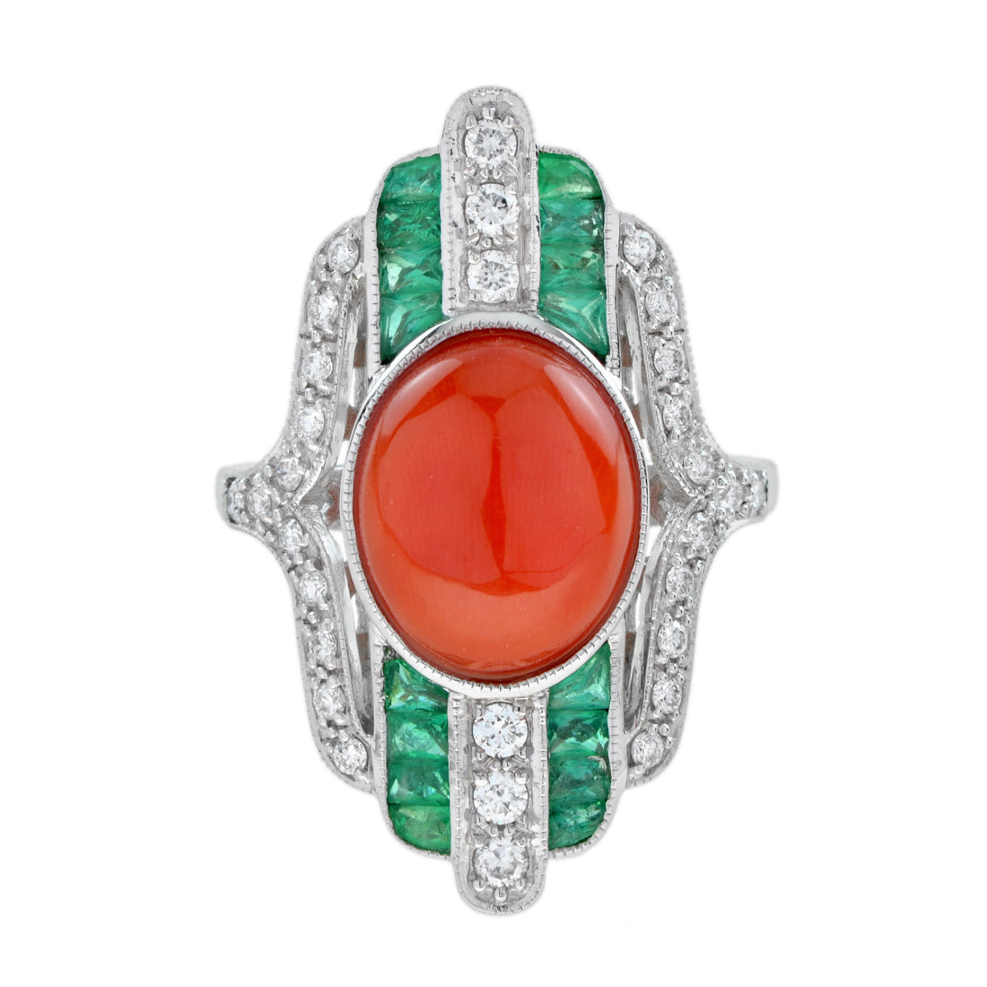 Orange Red Coral Diamond & Green Emerald Art Deco Style White Gold Ring