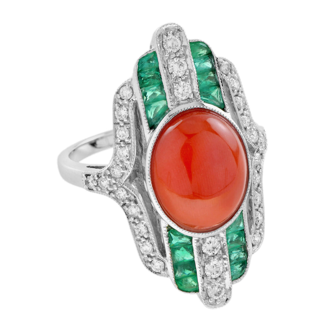 Orange Red Coral Diamond &amp; Green Emerald Art Deco Style White Gold Ring