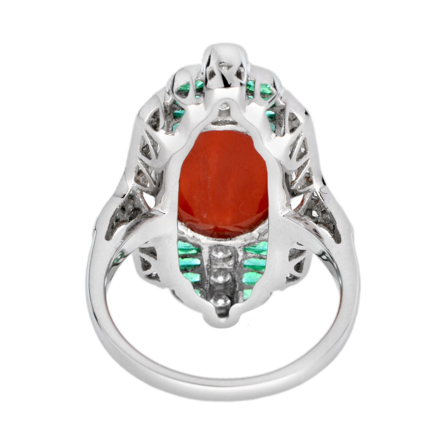 Orange Red Coral Diamond &amp; Green Emerald Art Deco Style White Gold Ring