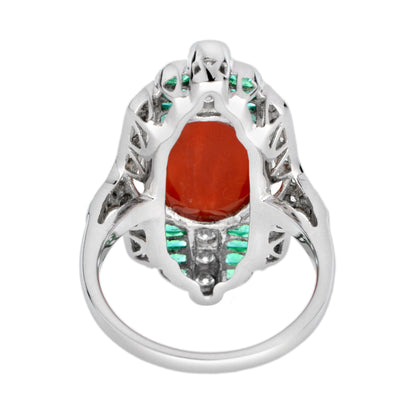 Orange Red Coral Diamond &amp; Green Emerald Art Deco Style White Gold Ring