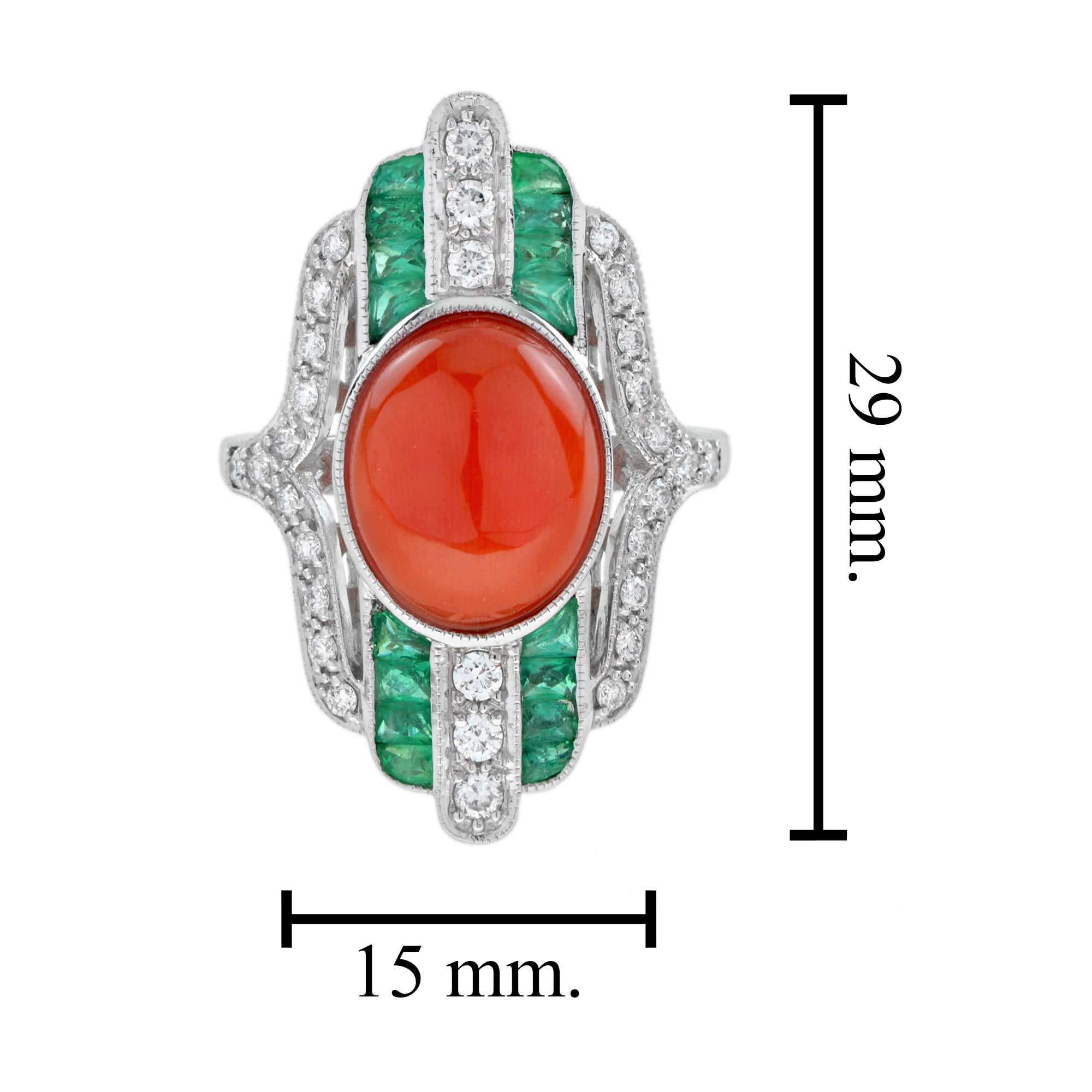Orange Red Coral Diamond &amp; Green Emerald Art Deco Style White Gold Ring