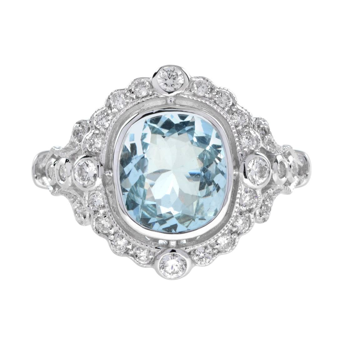 Art Deco Style Cushion Shape Aquamarine with Diamond Halo 18K White Gold Ring