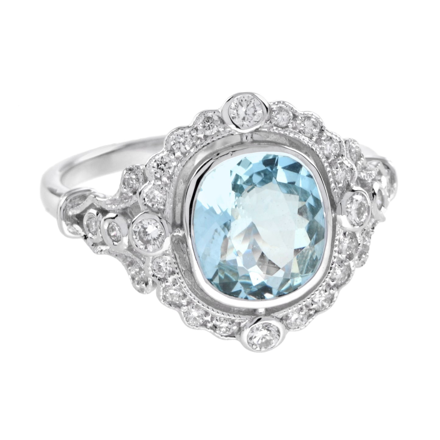 art deco style cushion shape aquamarine with diamond halo 18k white gold ring
