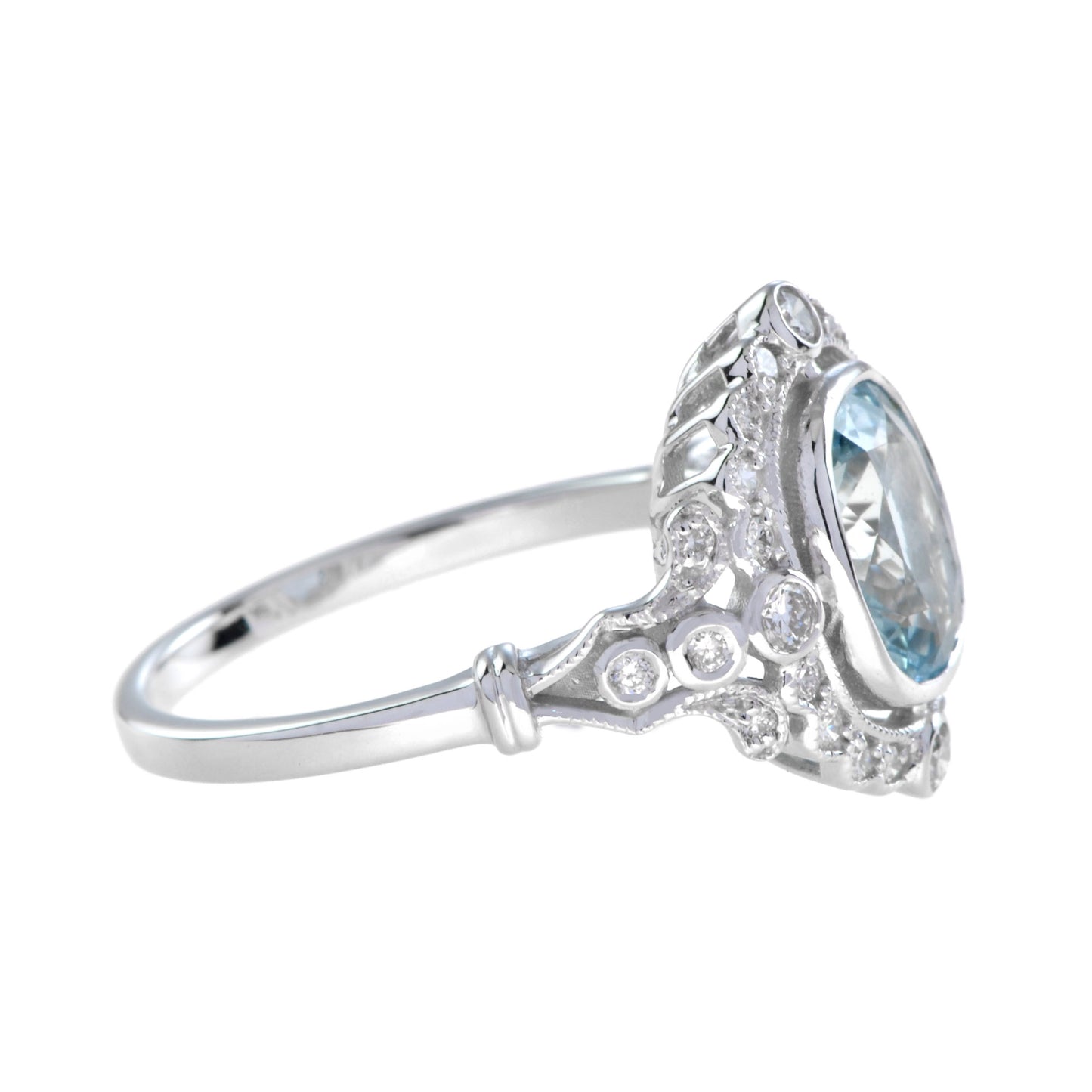 art deco style cushion shape aquamarine with diamond halo 18k white gold ring