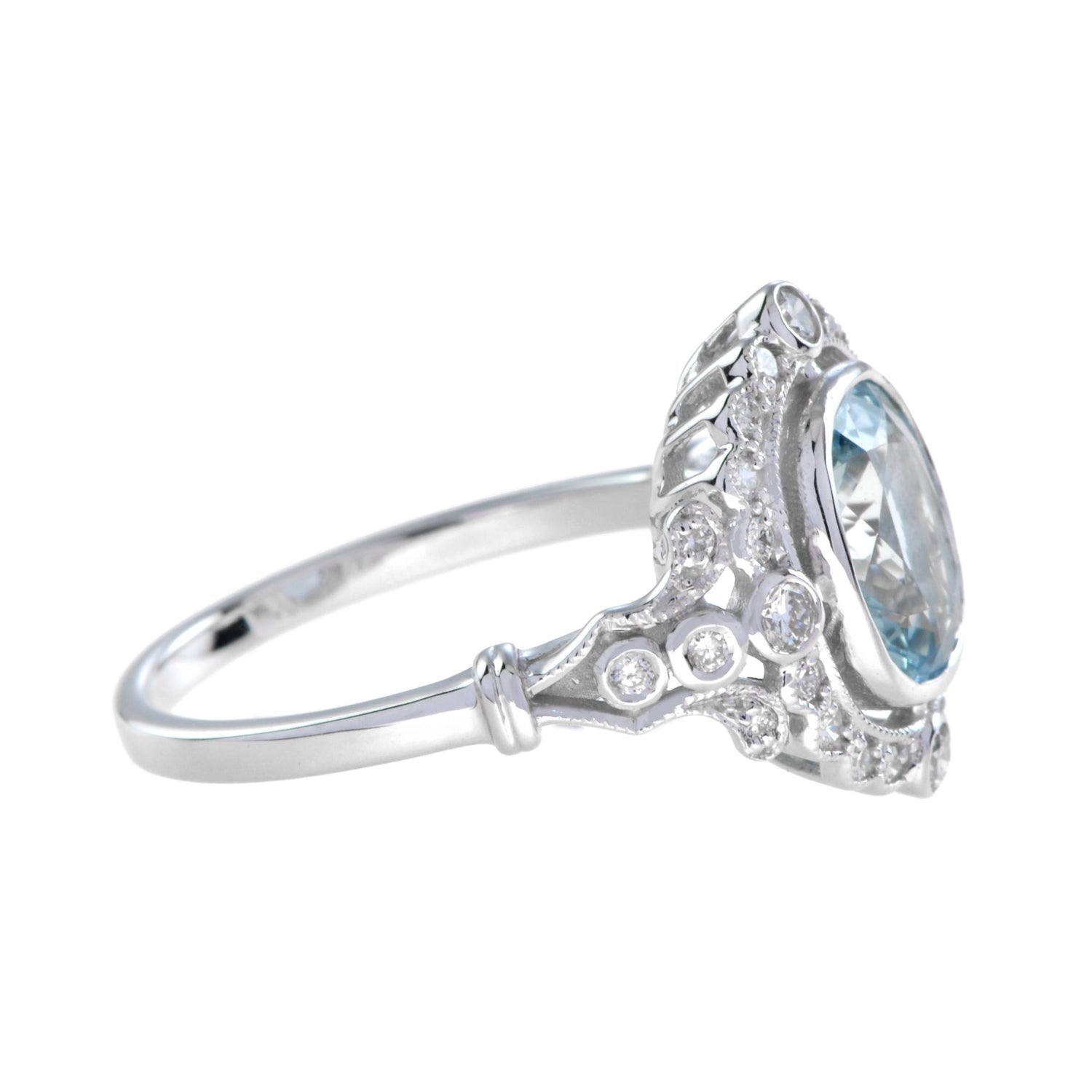 Art Deco Style Cushion Shape Aquamarine with Diamond Halo 18K White Gold Ring