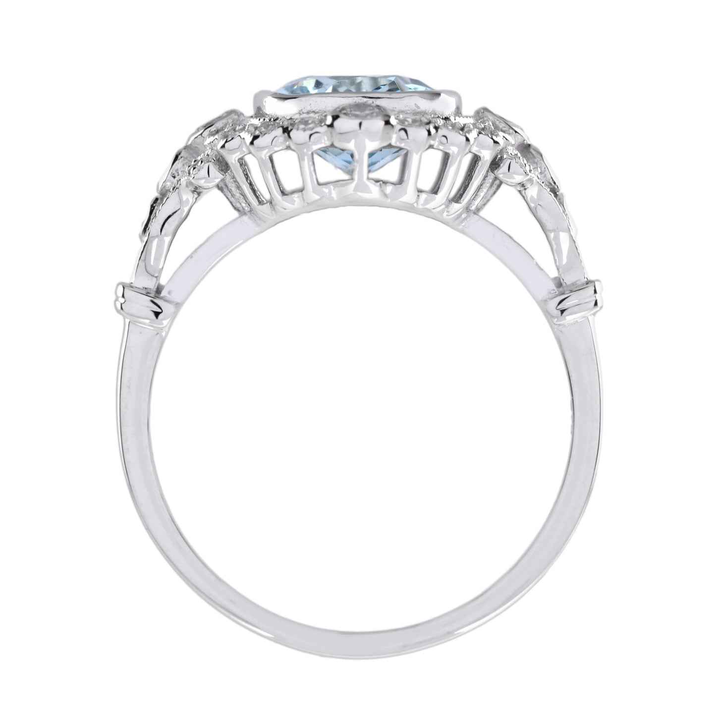 art deco style cushion shape aquamarine with diamond halo 18k white gold ring