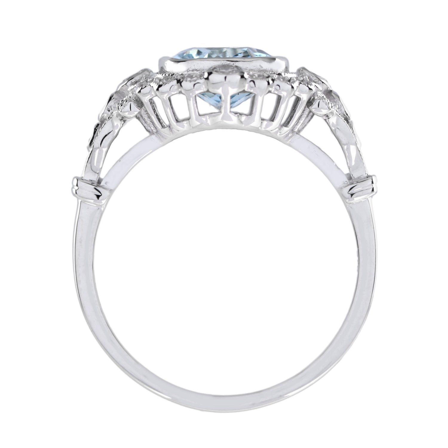 Art Deco Style Cushion Shape Aquamarine with Diamond Halo 18K White Gold Ring