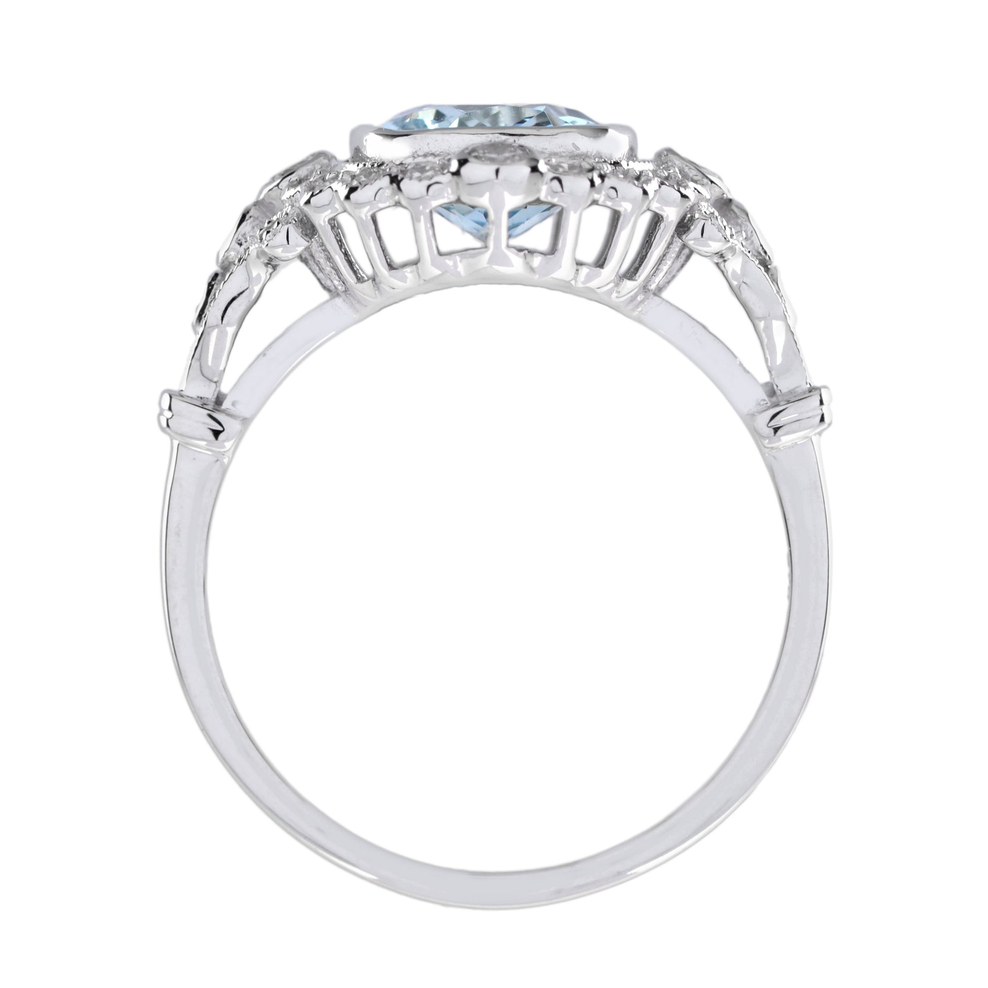 Art Deco Style Cushion Shape Aquamarine with Diamond Halo 18K White Gold Ring