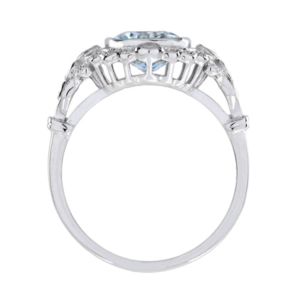 Art Deco Style Cushion Shape Aquamarine with Diamond Halo 18K White Gold Ring