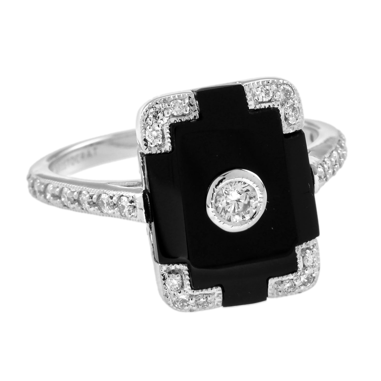 Diamond &amp; Black Onyx Vintage Inspired Art Deco Style White Gold Ring