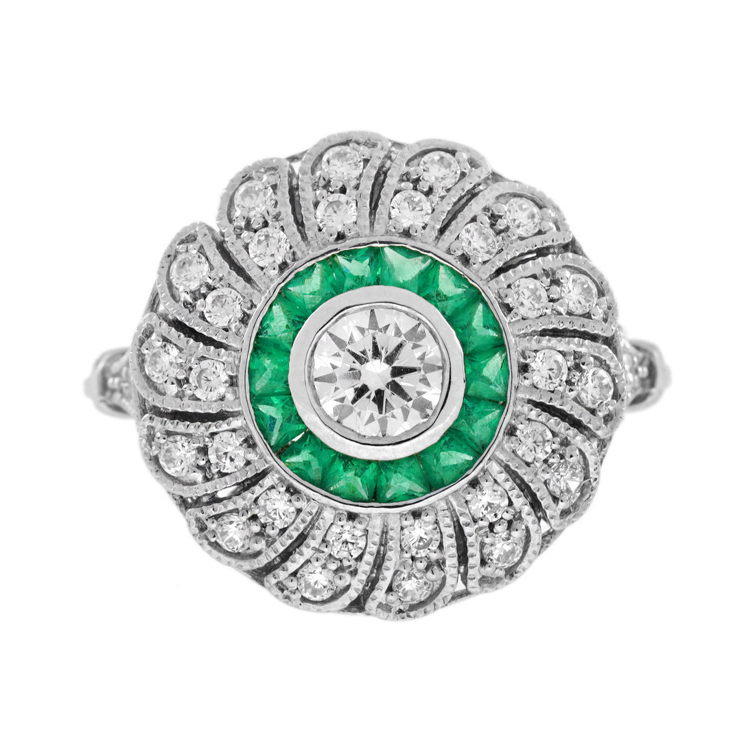 Diamond & Green Emerald Art Deco Style Strand Milgrain 18K White Gold Ring