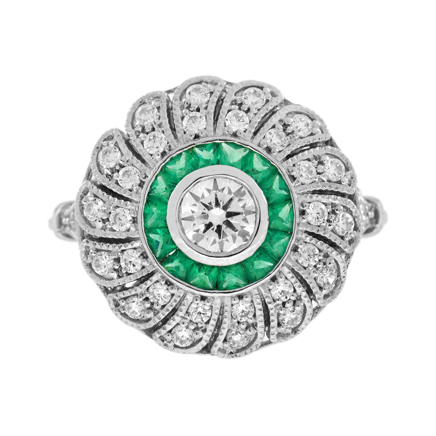 diamond & green emerald art deco style strand milgrain 18k white gold ring