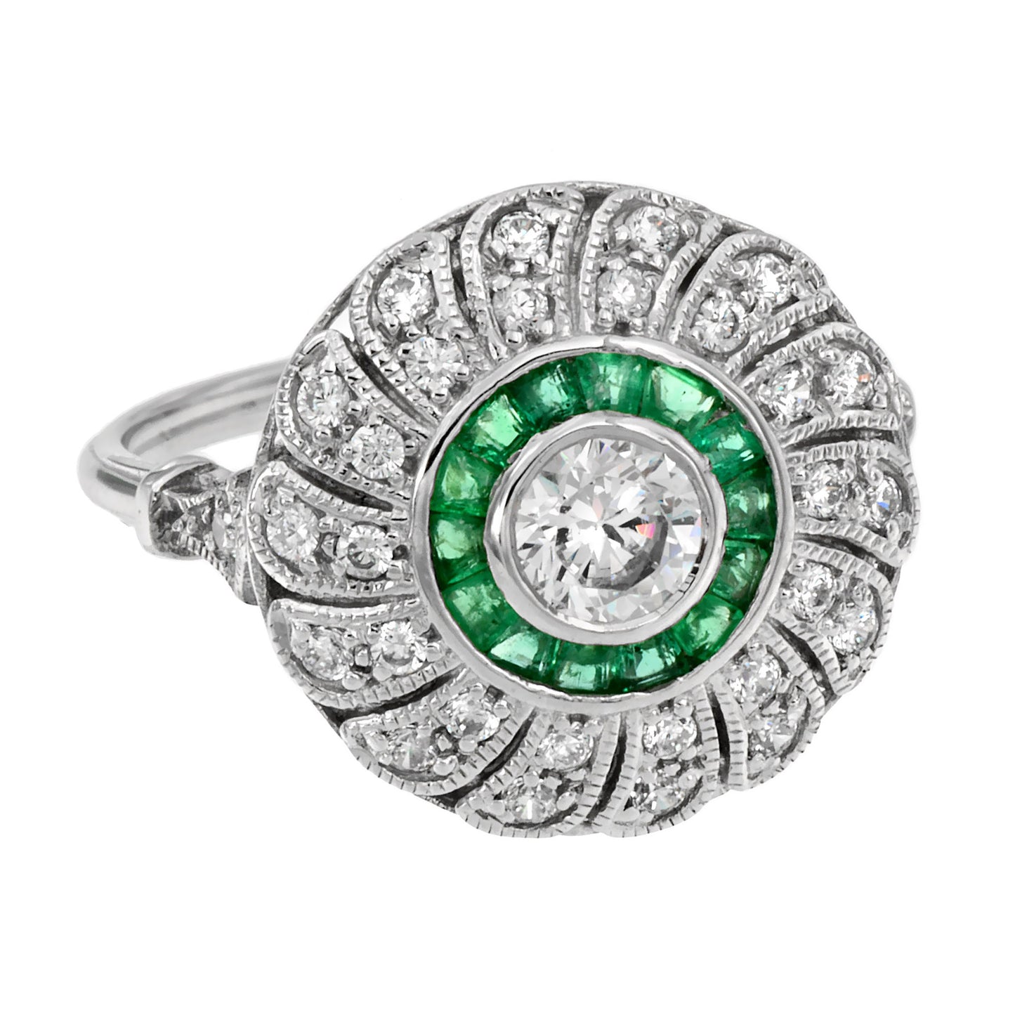 diamond & green emerald art deco style strand milgrain 18k white gold ring