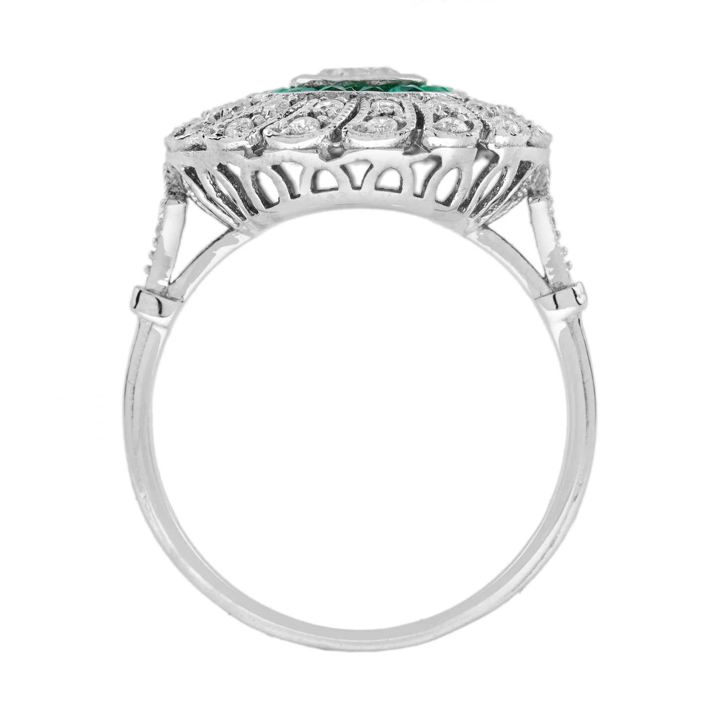 diamond & green emerald art deco style strand milgrain 18k white gold ring
