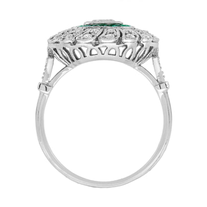 Diamond & Green Emerald Art Deco Style Strand Milgrain 18K White Gold Ring