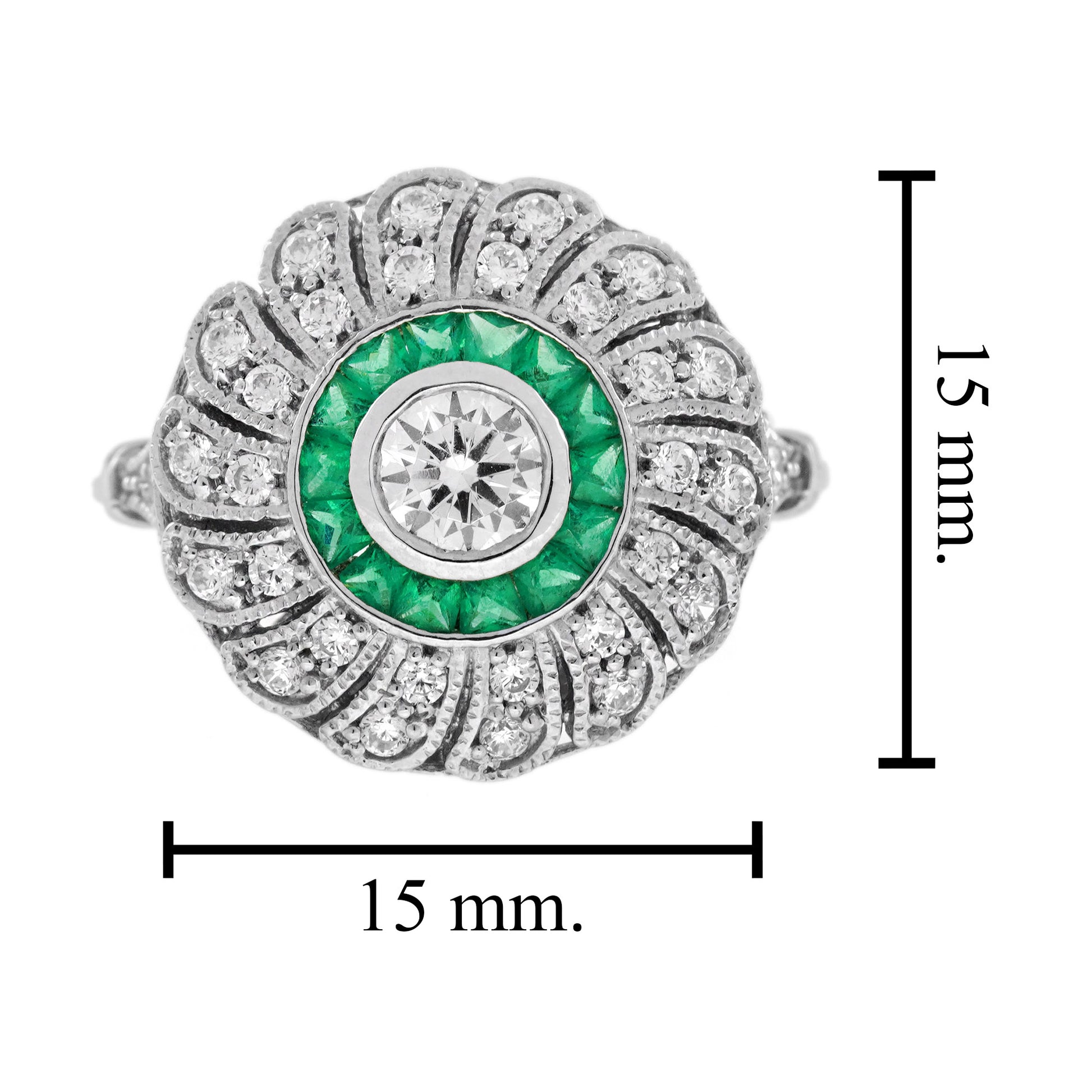 Diamond & Green Emerald Art Deco Style Strand Milgrain 18K White Gold Ring