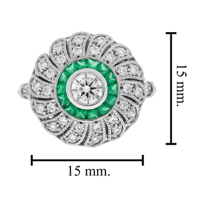 Diamond & Green Emerald Art Deco Style Strand Milgrain 18K White Gold Ring
