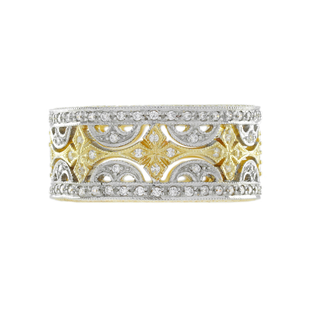 Diamond Floral Wide Wedding Stackable Band 18K White Two Tone Gold Ring