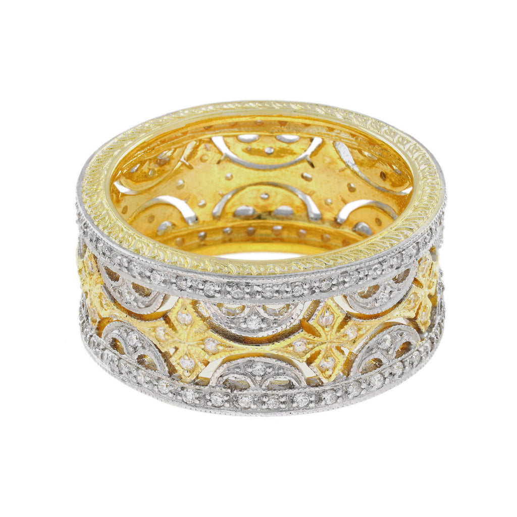 Diamond Floral Wide Wedding Stackable Band 18K White Two Tone Gold Ring