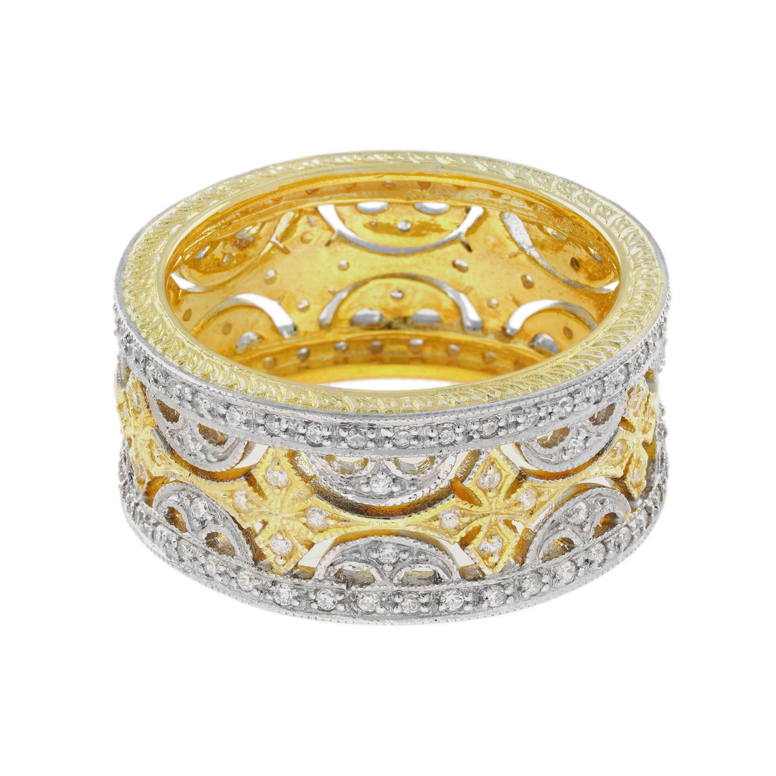 Diamond Floral Wide Wedding Stackable Band 18K White Two Tone Gold Ring