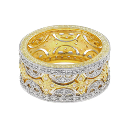 Diamond Floral Wide Wedding Stackable Band 18K White Two Tone Gold Ring