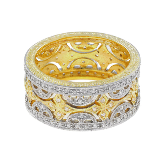 Diamond Floral Wide Wedding Stackable Band 18K White Two Tone Gold Ring
