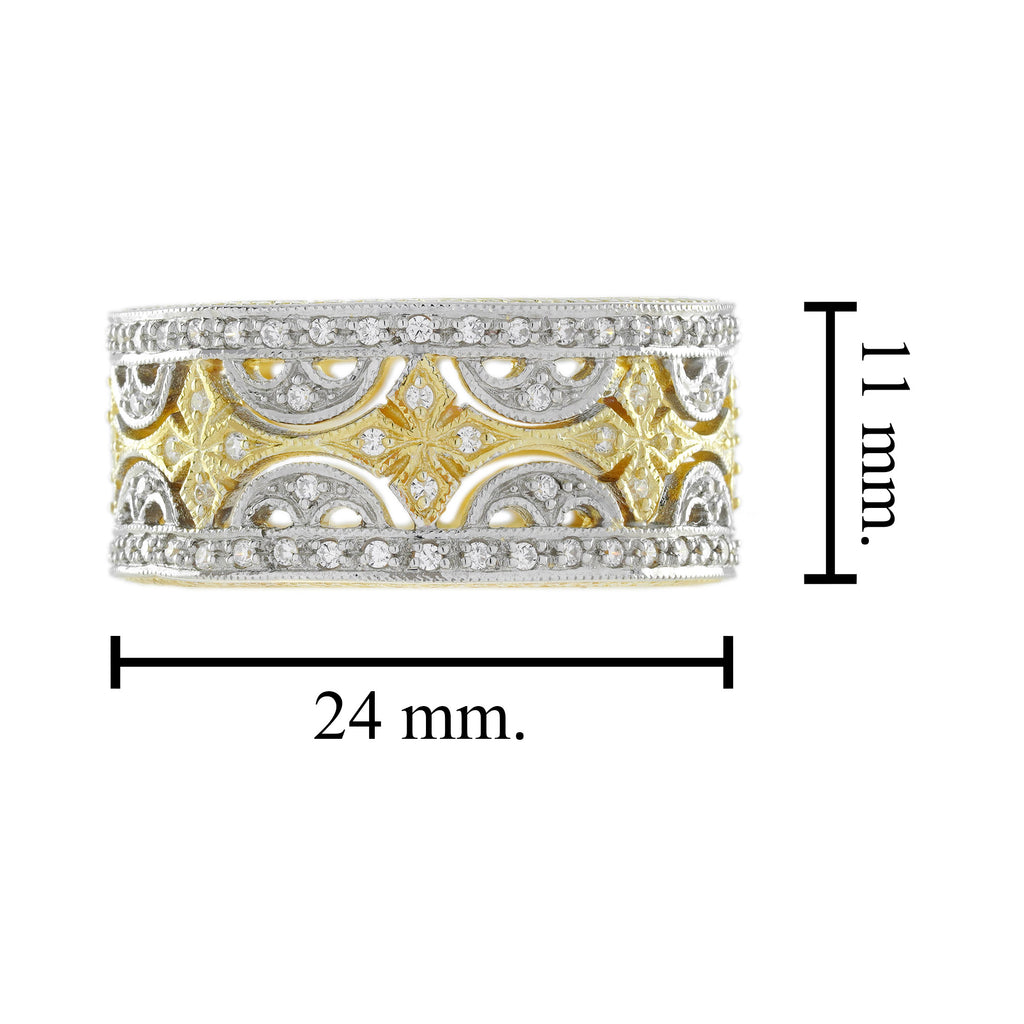 Diamond Floral Wide Wedding Stackable Band 18K White Two Tone Gold Ring