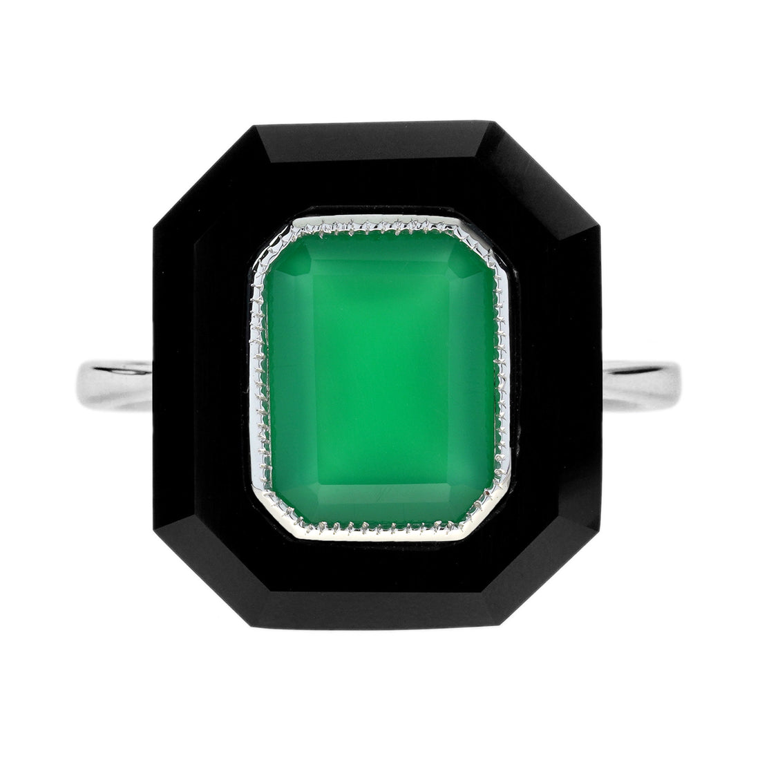 Green Agate &amp; Black Onyx Art Deco Style Hexagon Cocktail White Gold Ring