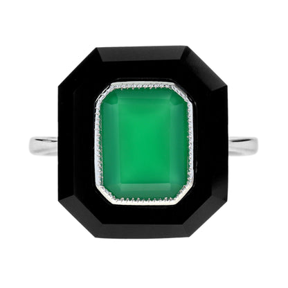 Green Agate &amp; Black Onyx Art Deco Style Hexagon Cocktail White Gold Ring
