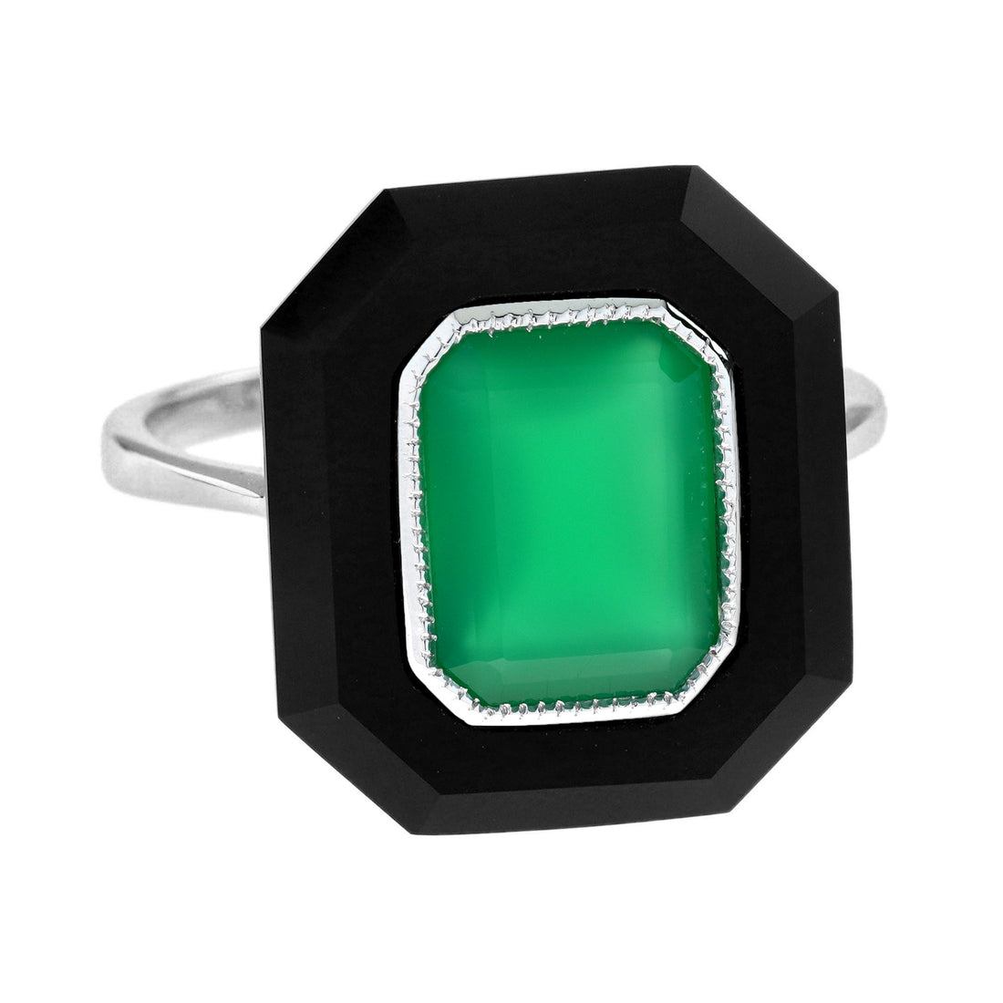 Green Agate &amp; Black Onyx Art Deco Style Hexagon Cocktail White Gold Ring