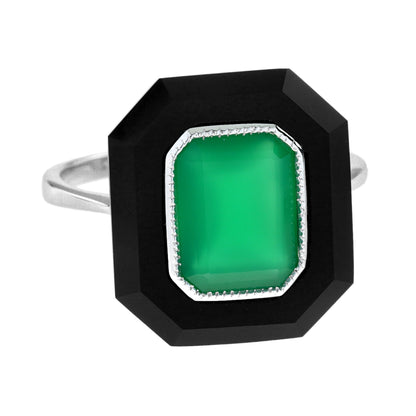 Green Agate &amp; Black Onyx Art Deco Style Hexagon Cocktail White Gold Ring