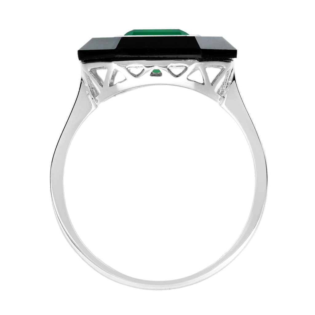 Green Agate & Black Onyx Art Deco Style Hexagon Cocktail White Gold Ring