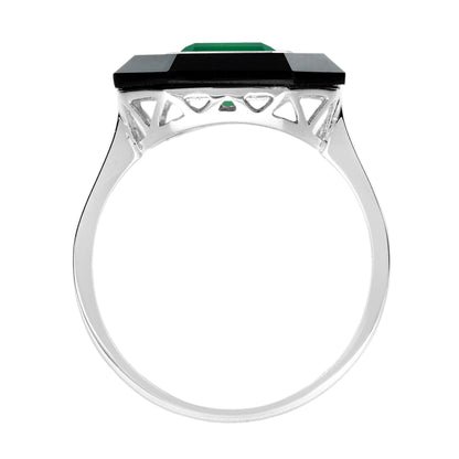 Green Agate &amp; Black Onyx Art Deco Style Hexagon Cocktail White Gold Ring
